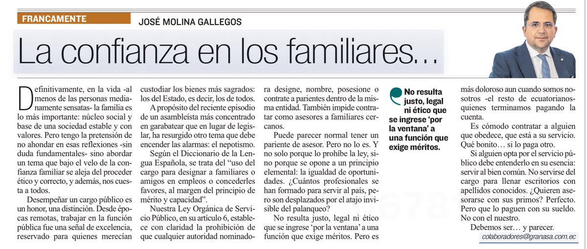 jose_molina73's tweet image. En lo público, la confianza no justifica el privilegio. El nepotismo no es cercanía familiar: es abuso de poder con cargo a todos. Palanquear cargos a familiares no es un acto de lealtad, sino de abuso. El nepotismo disfraza el poder de servicio público… y lo pagamos todos.
