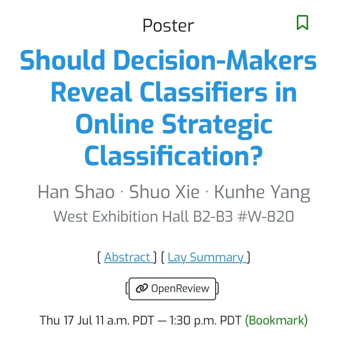 Han Shao (@hanshao16) on Twitter photo Otw to Vancouver for #ICML25! Shuo Xie and I will be presenting our joint work with Kunhe Yang(<a href="/KunheYang/">Kunhe Yang</a>):
“Should Decision-Makers Reveal Classifiers in Online Strategic Classification?”
We ask: can hiding the model help reduce errors caused by human strategic manipulation? Otw to Vancouver for #ICML25! Shuo Xie and I will be presenting our joint work with Kunhe Yang(<a href="/KunheYang/">Kunhe Yang</a>):
“Should Decision-Makers Reveal Classifiers in Online Strategic Classification?”
We ask: can hiding the model help reduce errors caused by human strategic manipulation?