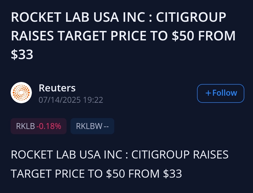 $RKLB

CITIGROUP RAISES TARGET PRICE TO $50 FROM $33

LFG!🚀