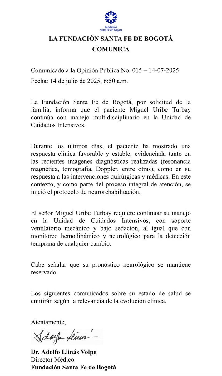 Nuevo parte sobre la situación médica de <a href="/MiguelUribeT/">Miguel Uribe</a>