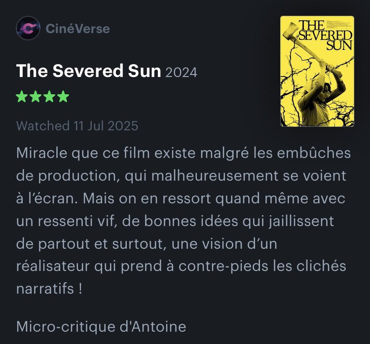 CineverseOff's tweet image. ⛪️ @Ant_Leviathan revient en une micro-critique sur THE SEVERED SUN, à retrouver sur @shadowzvod !