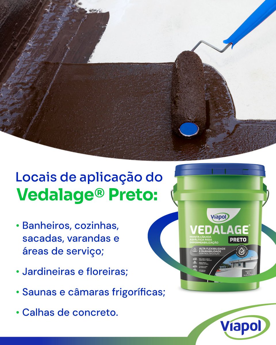 Com a família Vedalage®, a proteção contra a umidade é garantida!

O Vedalage® Preto é nossa manta líquida pronta para uso, que apresenta excelentes características de elasticidade, flexibilidade e aderência.

Visite nosso site viapol.com.br para mais informações.