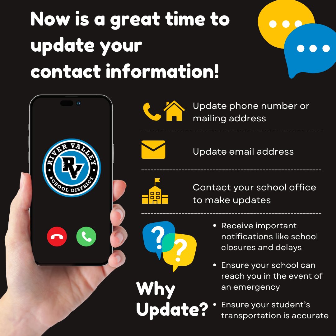 River Valley School District (@rvsdpanthers) on Twitter photo Now is the perfect time to update your contact information! Whether you've changed your phone number, email, or moved to a new address, update your info by calling your school office today.
<a href="/RVSDSuper/">Philip Martell</a> <a href="/rvhspanthers1/">River Valley High School</a> <a href="/River_Valley_MS/">River Valley Middle School</a> <a href="/SbgPrincipal/">Tracy Richards</a> <a href="/RVSDBES/">Blairsville Elementary School</a> Now is the perfect time to update your contact information! Whether you've changed your phone number, email, or moved to a new address, update your info by calling your school office today.
<a href="/RVSDSuper/">Philip Martell</a> <a href="/rvhspanthers1/">River Valley High School</a> <a href="/River_Valley_MS/">River Valley Middle School</a> <a href="/SbgPrincipal/">Tracy Richards</a> <a href="/RVSDBES/">Blairsville Elementary School</a>