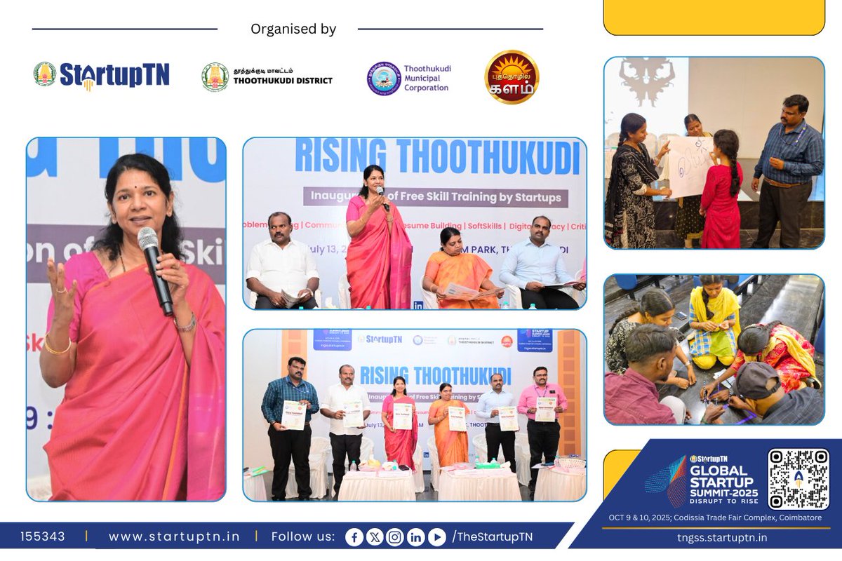TheStartupTN's tweet image. Rising Thoothukudi – Empowering the Next Generation!
We are happy to announce the successful launch of Rising Thoothukudi , a visionary initiative spearheaded by the Hon’ble MP of Thoothukudi, Tmt. Kanimozhi Karunanidhi (@KanimozhiDMK ) , to nurture and empower the youth of…