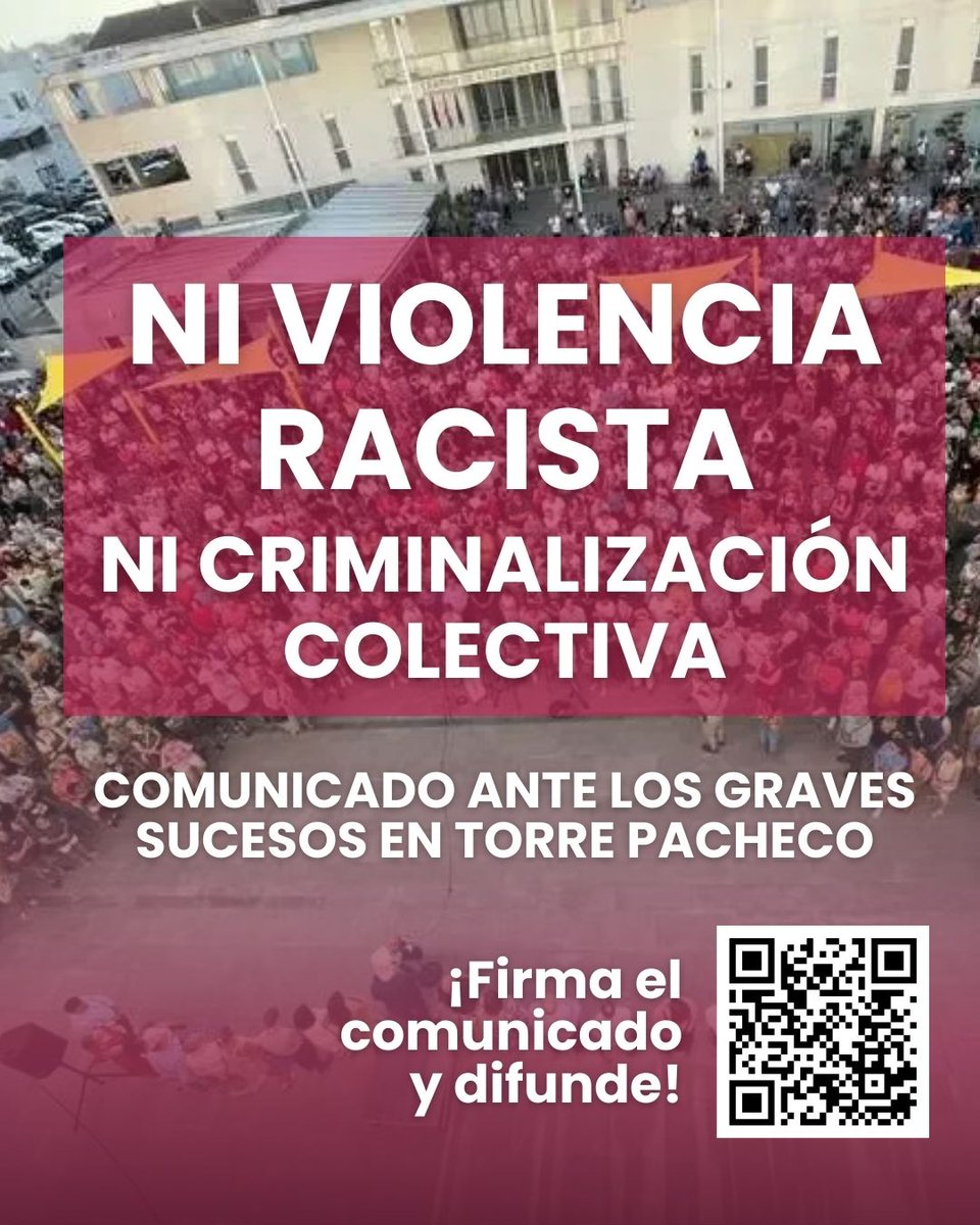 🔴 COMUNICADO ANTE LOS GRAVES SUCESOS EN TORRE PACHECO: NI VIOLENCIA RACISTA NI CRIMINALIZACIÓN COLECTIVA

Cerca de un centenar de organizaciones lanzamos este comunicado para denunciar los graves hechos ocurridos en Torre Pacheco (Murcia), donde tras una agresión individual, se