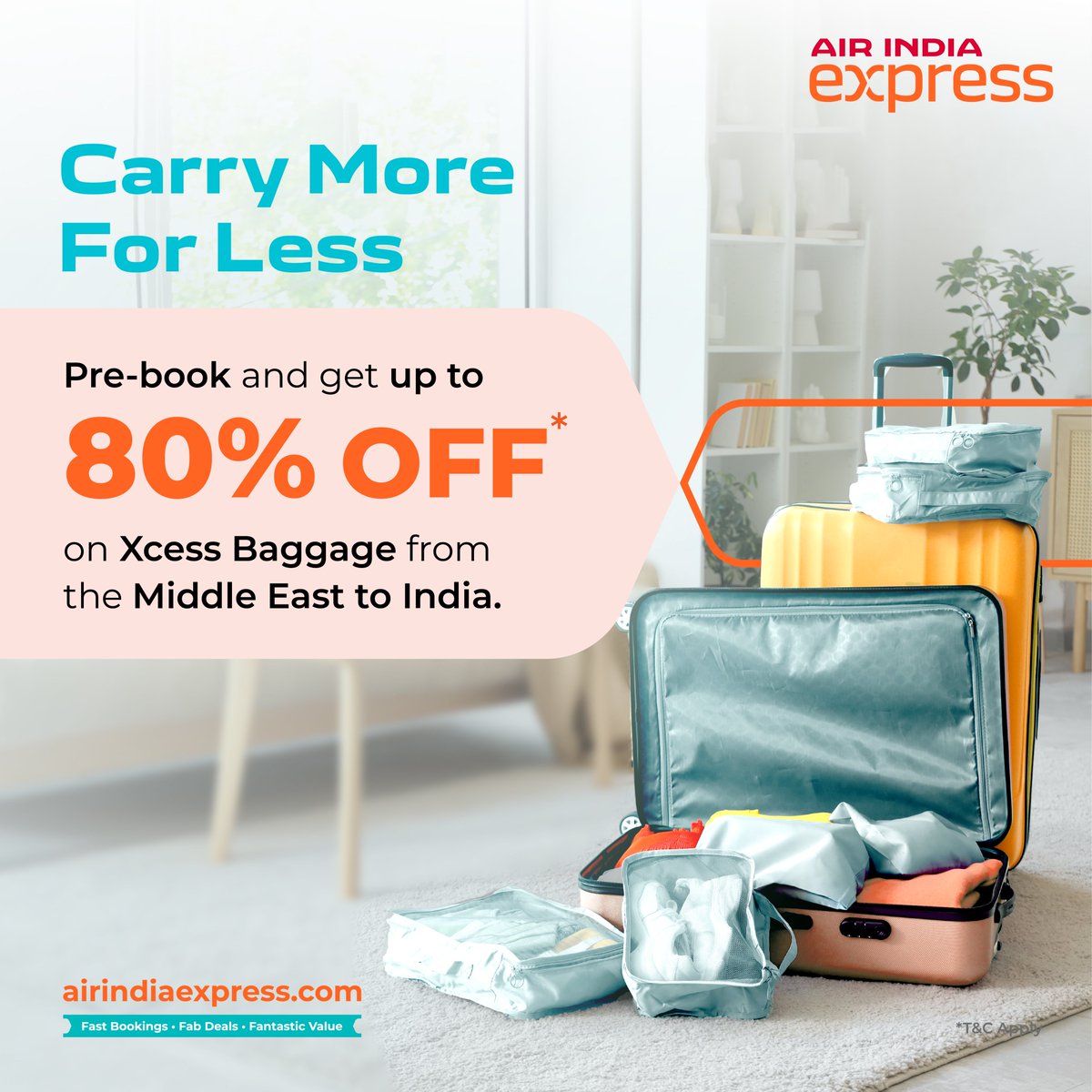 Pack more for less on your next trip! Pre-book check-in baggage and enjoy up to 80% off xcess baggage charges for flights from the Middle East to India. Enjoy #FastBookings, #FabDeals, and #FantasticValue, only on airindiaexpress.com! ✨✈
