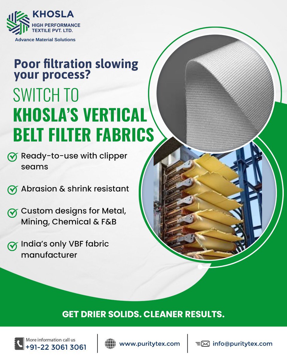 khoslaprofil's tweet image. Tired of inefficient filtration holding back your operations?

Say hello to faster output and cleaner separation with Khosla Profil’s vertical belt filter fabrics 🔧💧

📞 +91-22 3061 3061 | 🌐 puritytex.com

#verticalbeltfilter #filtrationfabric #industrialfiltration