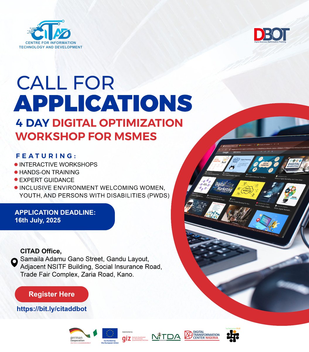 CITAD (@ictadvocates) on Twitter photo Grab this four days digital optimization workshop for MSMES in Kano. This is an opportunity you wouldn't want to miss and application closes in two days! Apply here: bit.ly/citaddbot <a href="/CitadRadio/">CITAD Online Radio</a> <a href="/KanoChronicle/">Kano Chronicle</a> <a href="/MSaeedkano/">M Saeed kano</a> <a href="/teemerh_beekay/">tee🧚♀️</a> <a href="/kamalkano/">kamal garba</a> <a href="/CitizenLi/">Ali Isa Musa</a> <a href="/HamzaFagge69/">Hamza Aminu Fagge</a> Grab this four days digital optimization workshop for MSMES in Kano. This is an opportunity you wouldn't want to miss and application closes in two days! Apply here: bit.ly/citaddbot <a href="/CitadRadio/">CITAD Online Radio</a> <a href="/KanoChronicle/">Kano Chronicle</a> <a href="/MSaeedkano/">M Saeed kano</a> <a href="/teemerh_beekay/">tee🧚♀️</a> <a href="/kamalkano/">kamal garba</a> <a href="/CitizenLi/">Ali Isa Musa</a> <a href="/HamzaFagge69/">Hamza Aminu Fagge</a>