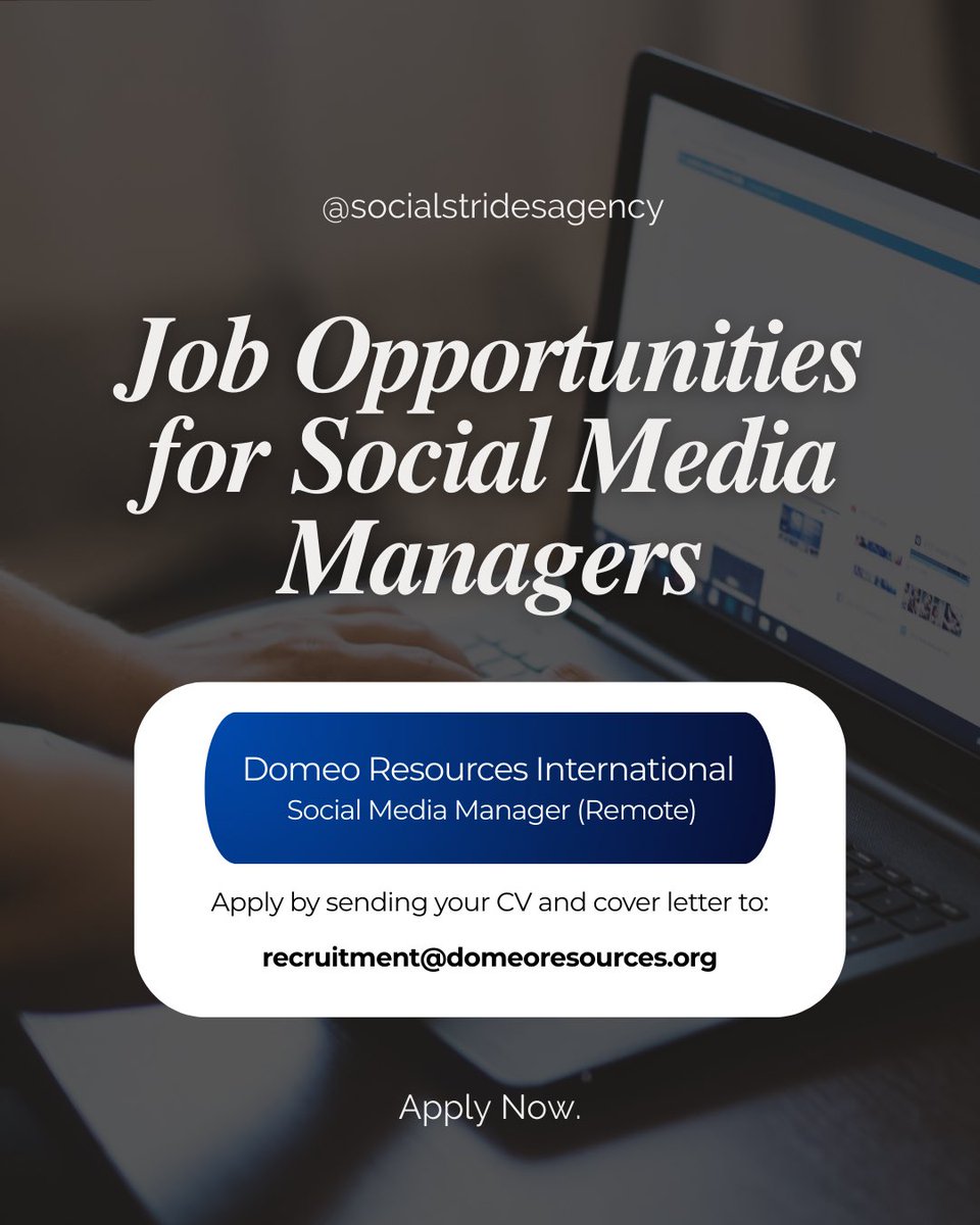 Socialstrides_'s tweet photo. 💻 Remote job alert!

Domeo Resources is hiring a Social Media Manager (3+ yrs exp).

• Must know how to grow brands with strategy &amp; creativity 
📩 recruitment@domeoresources.org
Use subject: “Social Media Manager - Remote”

#RemoteJobs #SocialMediaManager #ChelseaFC #jobs https://t.co/SlHb2mHyvG