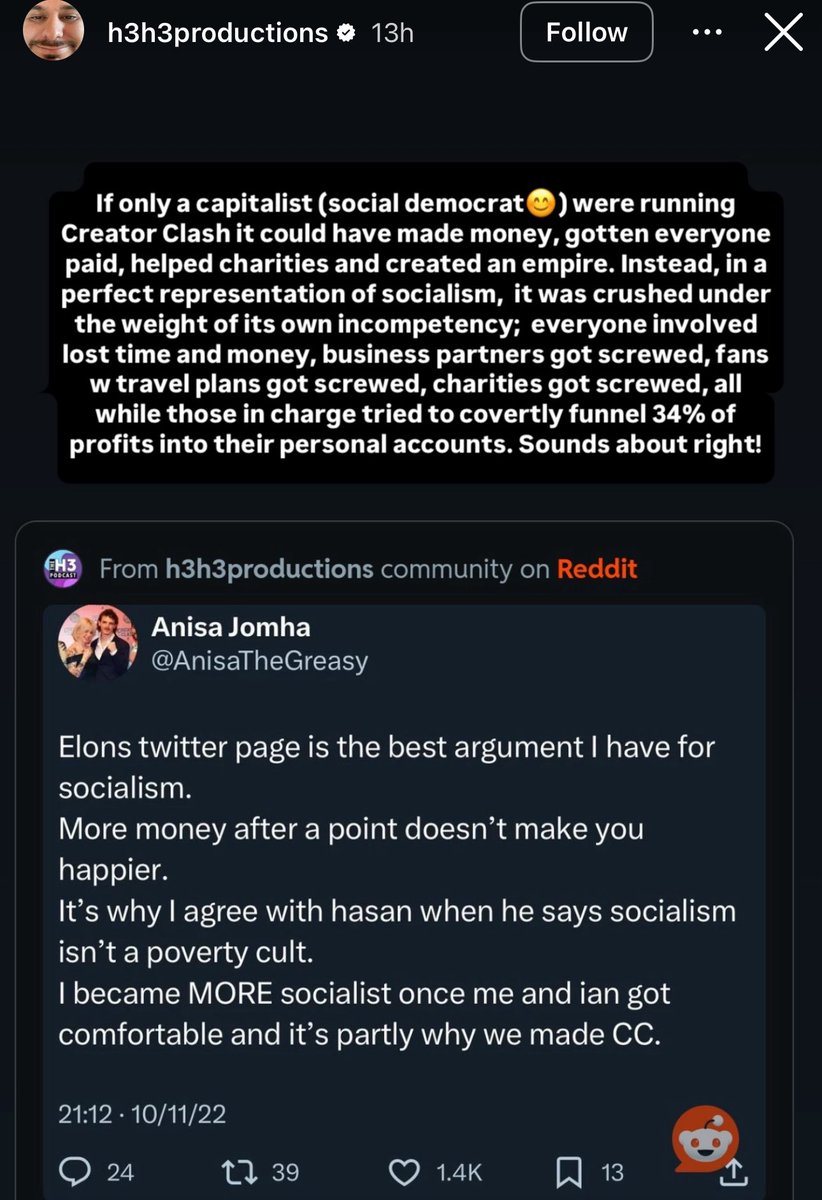 Ethan calls out Anisa for a hypocritical tweet where she implied Hasan’s brand of socialism partly inspired her to make Creator Clash 

“Perfect representation of socialism, crushed under the weight of its own incompetency..everyone involved lost time and money..while those in