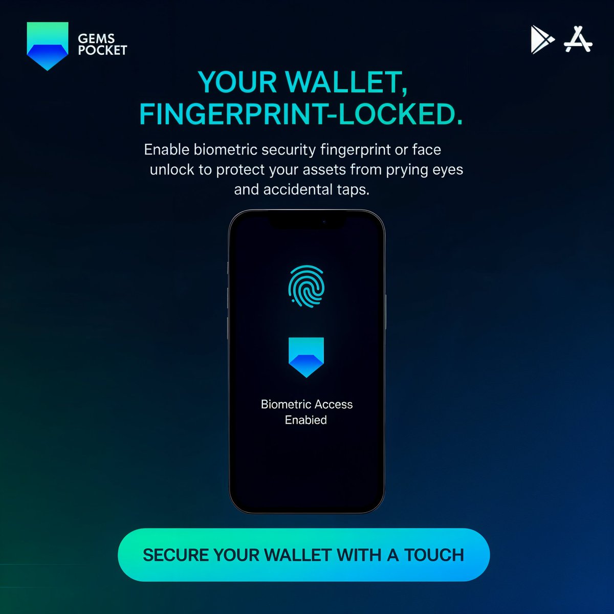 🔒 Locked. Loaded. Yours.

With GemsPocket, your wallet doesn’t just sit idle, it’s sealed with your fingerprint or face.

No prying eyes, no panic.

📱 Biometric security on.
📉 Accidental taps off.
📲 Total control, always.

Secure your wallet with a touch.