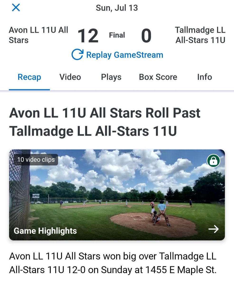 Our 11u All Stars keep rolling!!! Defeating Tallmadge 12-0 yesterday evening.

They get a day off and will play Canfield LL 6pm Tuesday at Hoover Community Recreation Complex in North Canton

Way to make Avon proud and keep going!