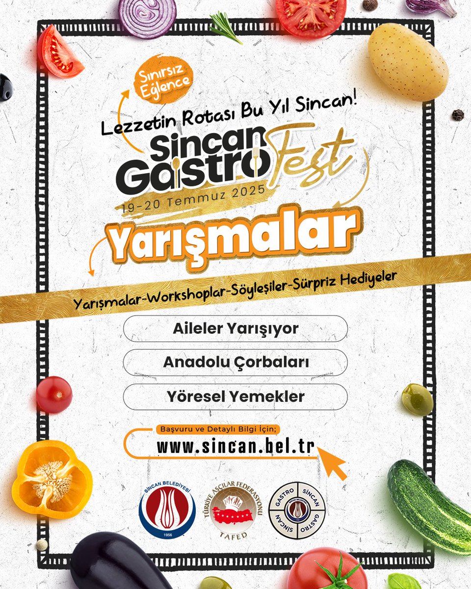Sincan Gastro Fest Başlıyor!🍲

Lezzetin, eğlencenin ve heyecanın buluşma noktası bu kez Gastro Sincan'da😊

Sincan Gastronomi Festivalinde;
🔹Usta şeflerle workshoplar
🔹Alanında uzman isimlerle keyifli söyleşiler
🔹Renkli ve rekabet dolu yarışmalar
🔹Katılımcılara özel sürpriz