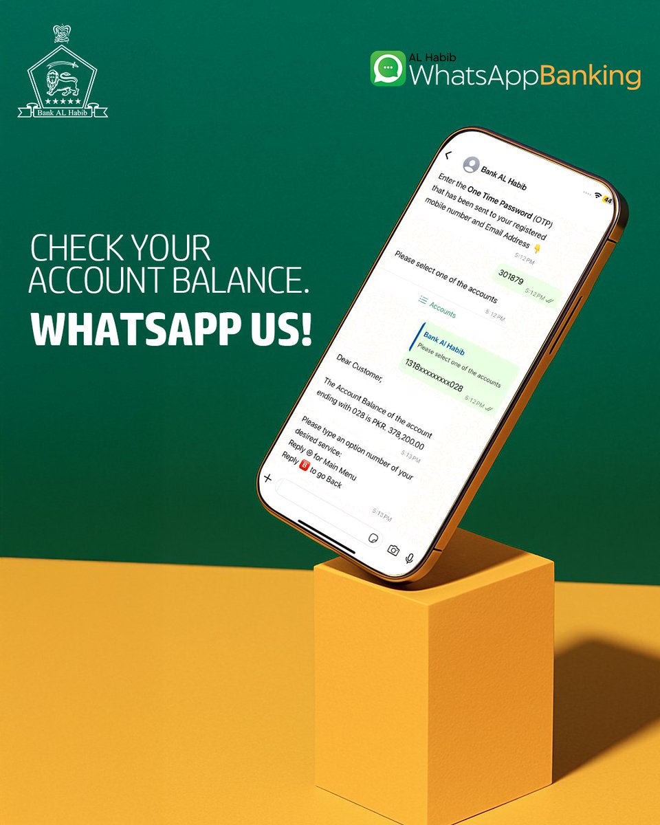 Need to check your account balance? 

It’s quick and easy with Bank AL Habib WhatsApp Banking! 

Just send ‘Hi’ to our official WhatsApp number: (021) 111-014-014 and follow the steps to get your balance instantly anytime, anywhere.

For any queries, visit our website