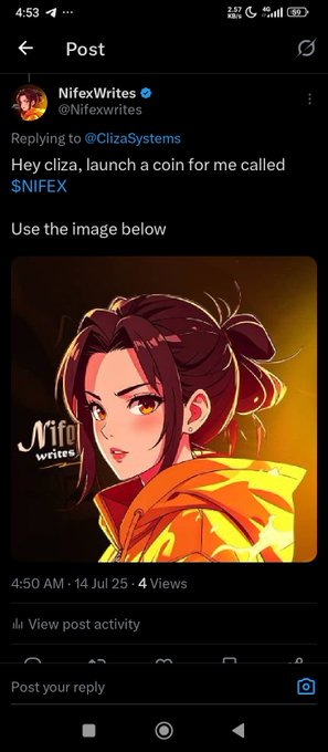 NifexWrites $NIFEX coin artwork featuring an anime-style character in a vibrant orange hoodie
