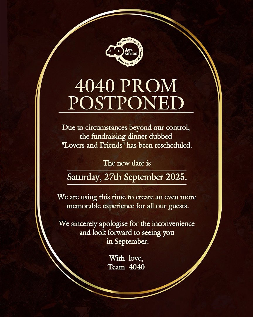4040 Prom Update 🚨

We apologize for any inconvenience caused by this change 🙏

See you on 27th September 

In the meantime, we can keep the ticket money for you 😉