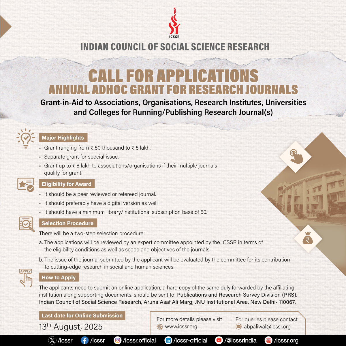 icssr's tweet image. Call for applications from Associations, Organisations, Research Institutes, Universities and Colleges for annual adhoc grant for Running/Publishing Research Journal(s)
icssr.org/journals-grant…
#journal #Funding