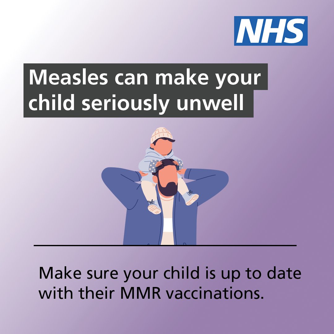 NHSuk's tweet image. Measles cases are rising in England.
It spreads easily and can cause serious illness, especially in babies, pregnant women and those with weak immune systems.
MMR vaccination is safe and offers lifelong protection.
For more info, visit: nhs.uk/MMR