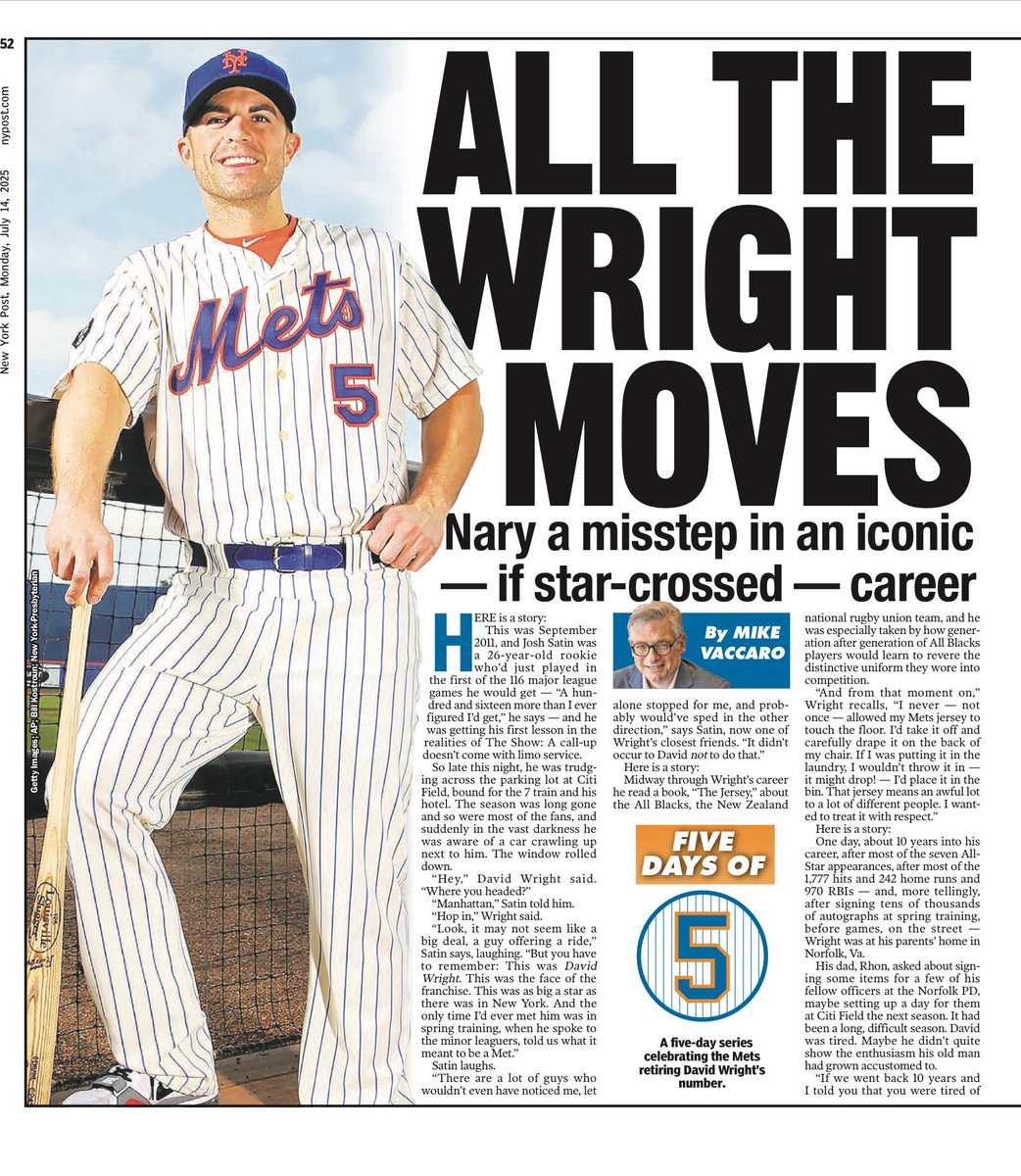 MikeVacc's tweet image. We started a five-day celebration of David Wright today at @nypostsports in advance of the #Mets retiring No. 5 next Saturday. Here’s my contribution, beautifully presented by our gifted designing crew.