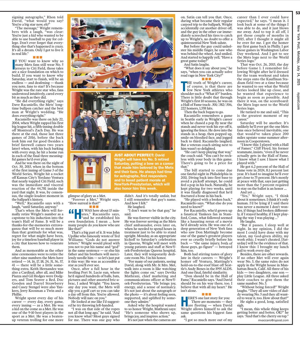 MikeVacc's tweet image. We started a five-day celebration of David Wright today at @nypostsports in advance of the #Mets retiring No. 5 next Saturday. Here’s my contribution, beautifully presented by our gifted designing crew.