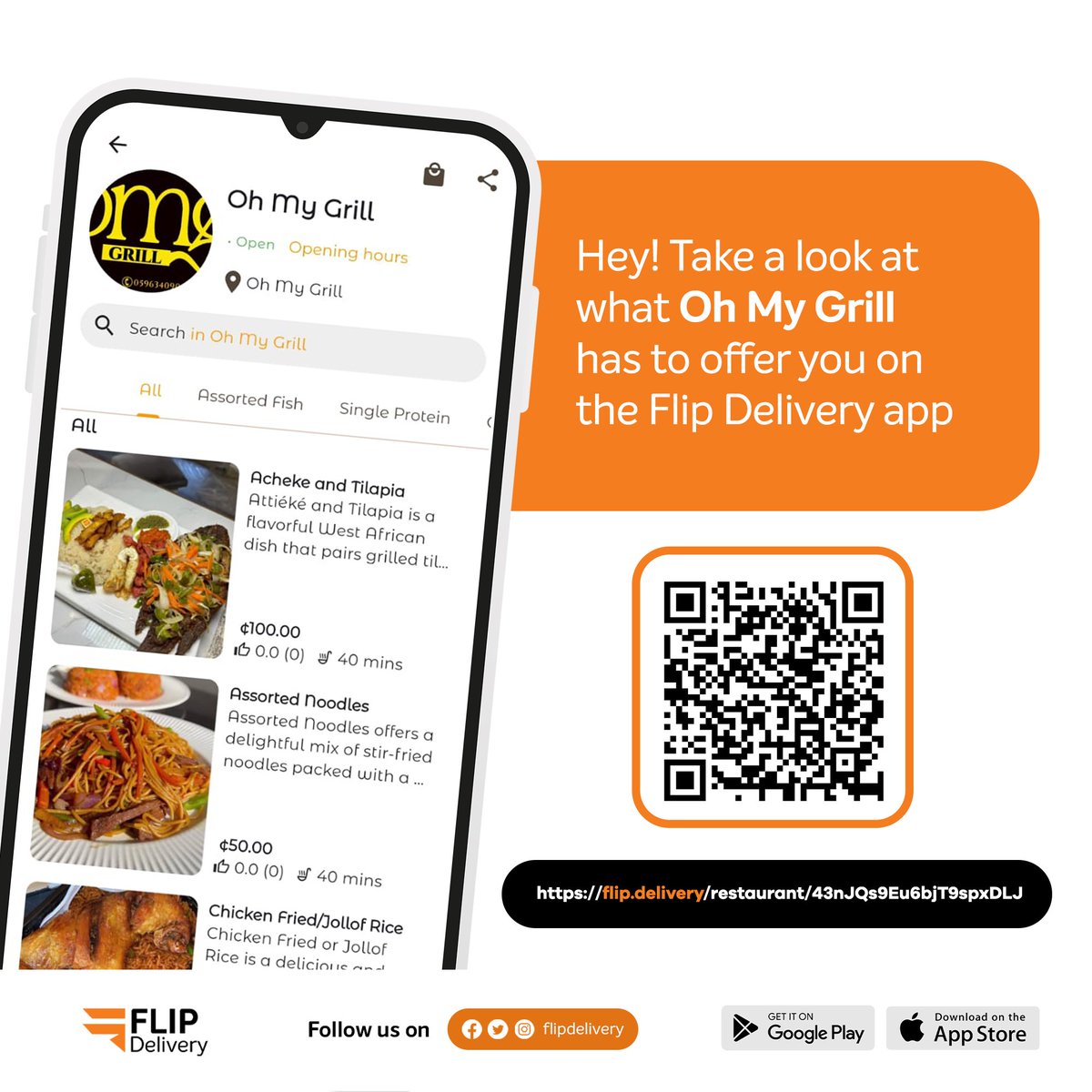 FlipDelivery's tweet image. Mondays are for setting the vibe.
Oh My Grill is on the Flip app with all the heat — acheke, grilled chicken, noodles and more 🔥
Start the week right. Tap in.
#OhMyGrillOnFlip #FlipDelivery #MondayEats