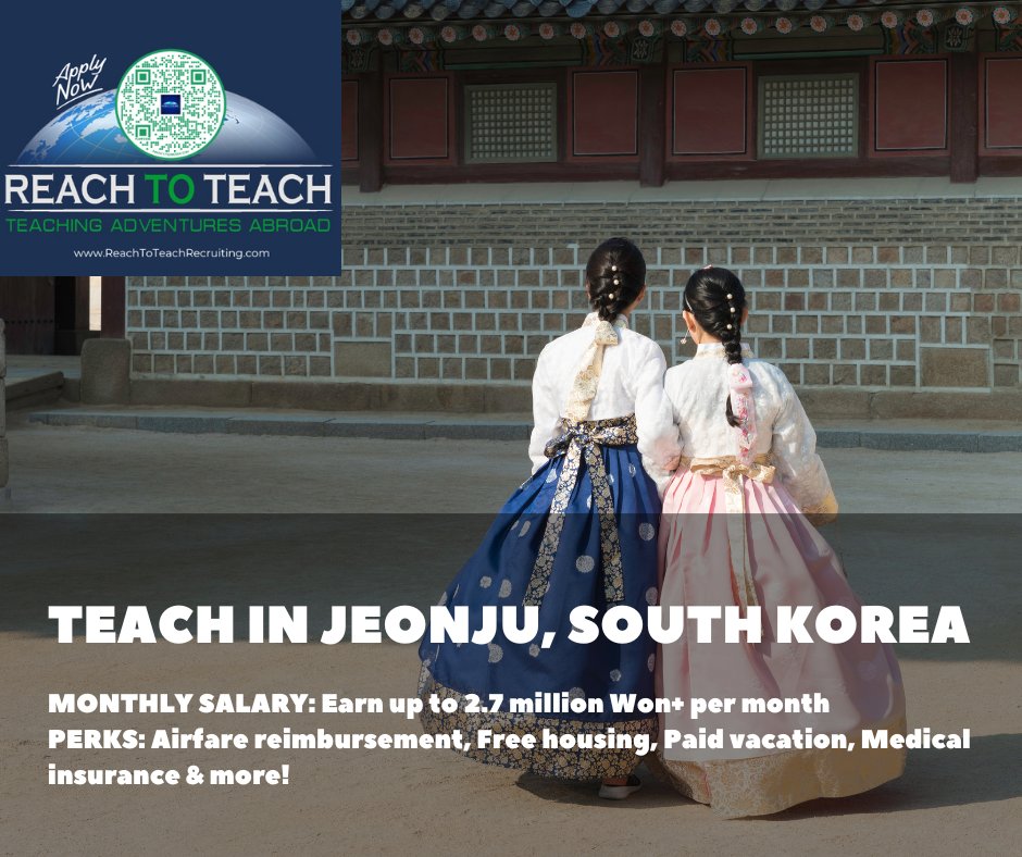 Reach_To_Teach's tweet image. #ReachToTeach is looking for #ESLTeachers to #TeachInSouthKorea. #Jeonju offers a low cost of living with a big city lifestyle! Earn 2.7 million Won per month, plus housing, airfare, & more.
Apply: reachtoteachrecruiting.com/apply-now-to-t…
#TeachAbroad #SouthKorea #TEFLJobs