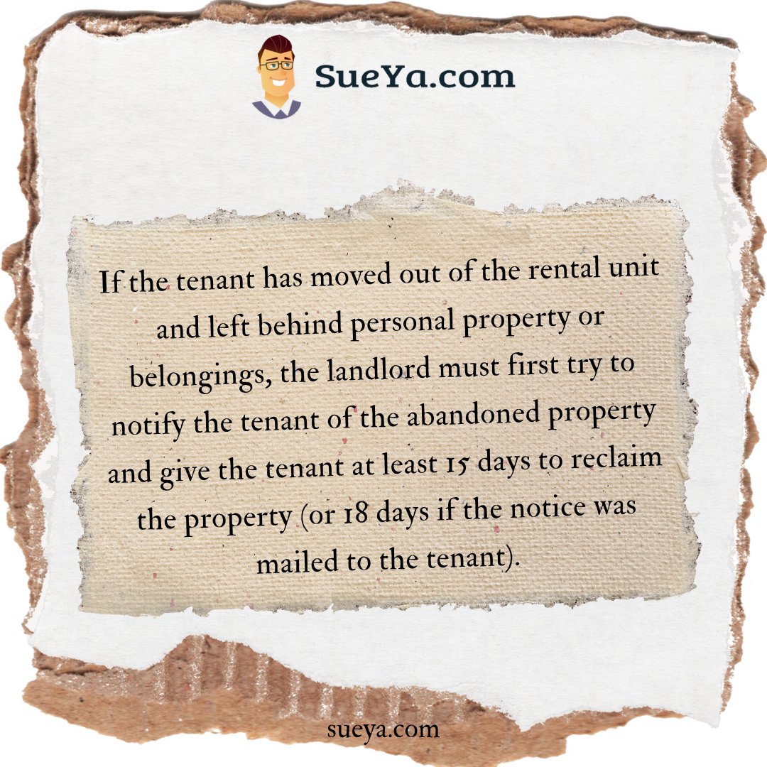 sueyadotcom's tweet photo. 🏠 Tenant left belongings behind? Landlords must give at least 15 days (or 18 if mailed) to reclaim them before disposal.
Know the rules: https://t.co/W3feWlerdh
.
.
.
#SueYa #TenantLaw #CaliforniaLaw #LandlordRights #Eviction https://t.co/idMBuMoBek