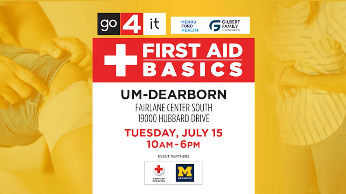 UM-Dearborn (@um_dearborn) on Twitter photo TOMORROW: UM-Dearborn is teaming up with <a href="/clickondetroit/">ClickOnDetroit</a> and the <a href="/RedCross/">American Red Cross</a> to provide free First Aid Training on Tuesday, July 15, 2025.
Get more info and sign up for a time slot: myumi.ch/Qwmdy TOMORROW: UM-Dearborn is teaming up with <a href="/clickondetroit/">ClickOnDetroit</a> and the <a href="/RedCross/">American Red Cross</a> to provide free First Aid Training on Tuesday, July 15, 2025.
Get more info and sign up for a time slot: myumi.ch/Qwmdy