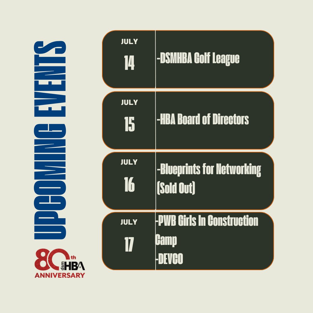 Here's what's happening this week at the DSMHBA! 

Make sure to check out our full event calendar and RSVP for events by clicking the link below. 

l8r.it/Np6y

#dsmhba #events #networking #membership