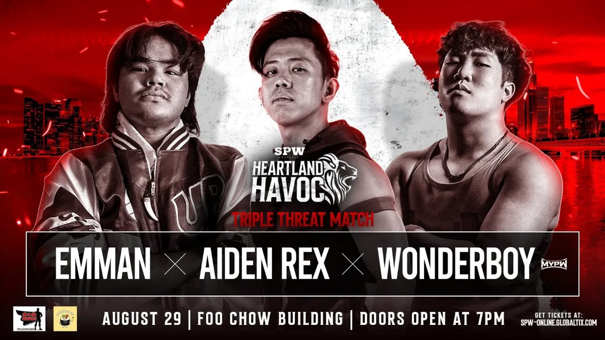 SgProWrestling's tweet image. ⚠️ SPW HEARTLAND HAVOC MATCH ANNOUNCEMENT
International Triple Threat Match
Aiden Rex vs Wonderboy vs Emman
📅 29 August 2025 | 7PM
📍 21 Tyrwhitt Road, Foo Chow Building