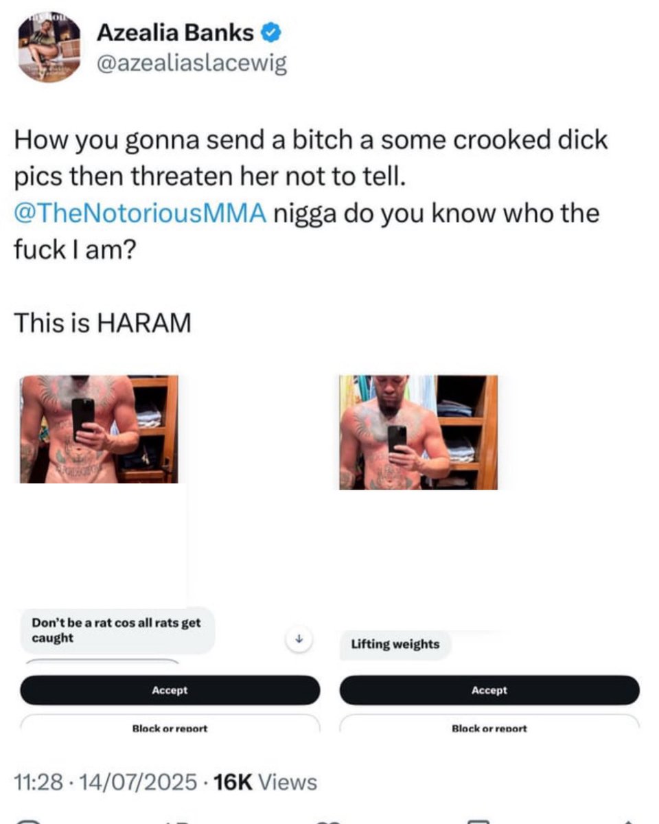 WestTillDeath's tweet image. 🚨Azealia Banks wishes Conor McGregor a happy 37th birthday by sharing a horrific photo on X platform stating “How you gonna send a b***** some crooked d*** pics then threaten her not to tell… n**** do you know who tf I am?… THIS IS HARAM” #ufc #conormcgregor #azealiabanks