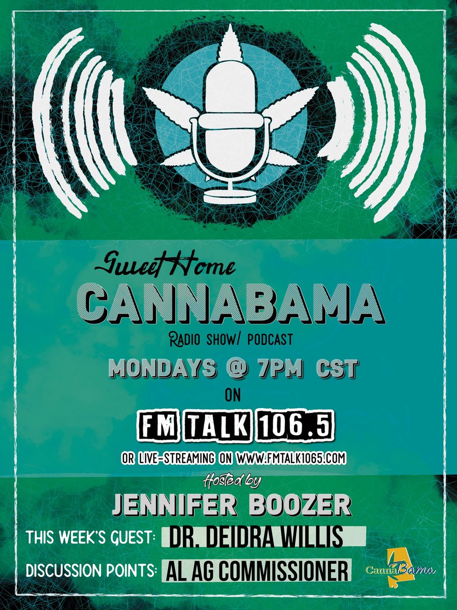 SweetHomeCannaB's tweet image. Join Jennifer Boozer Stewart & Dr. Deidra Willis for an exciting episode of Sweet Home CannaBama tonight at 7pm on FMTalk 106.5 in Mobile! Listen live from fmtalk1065.com or watch us live in the Sweet Home CannaBama YouTube page as we discuss Dr. Willis' plans for…