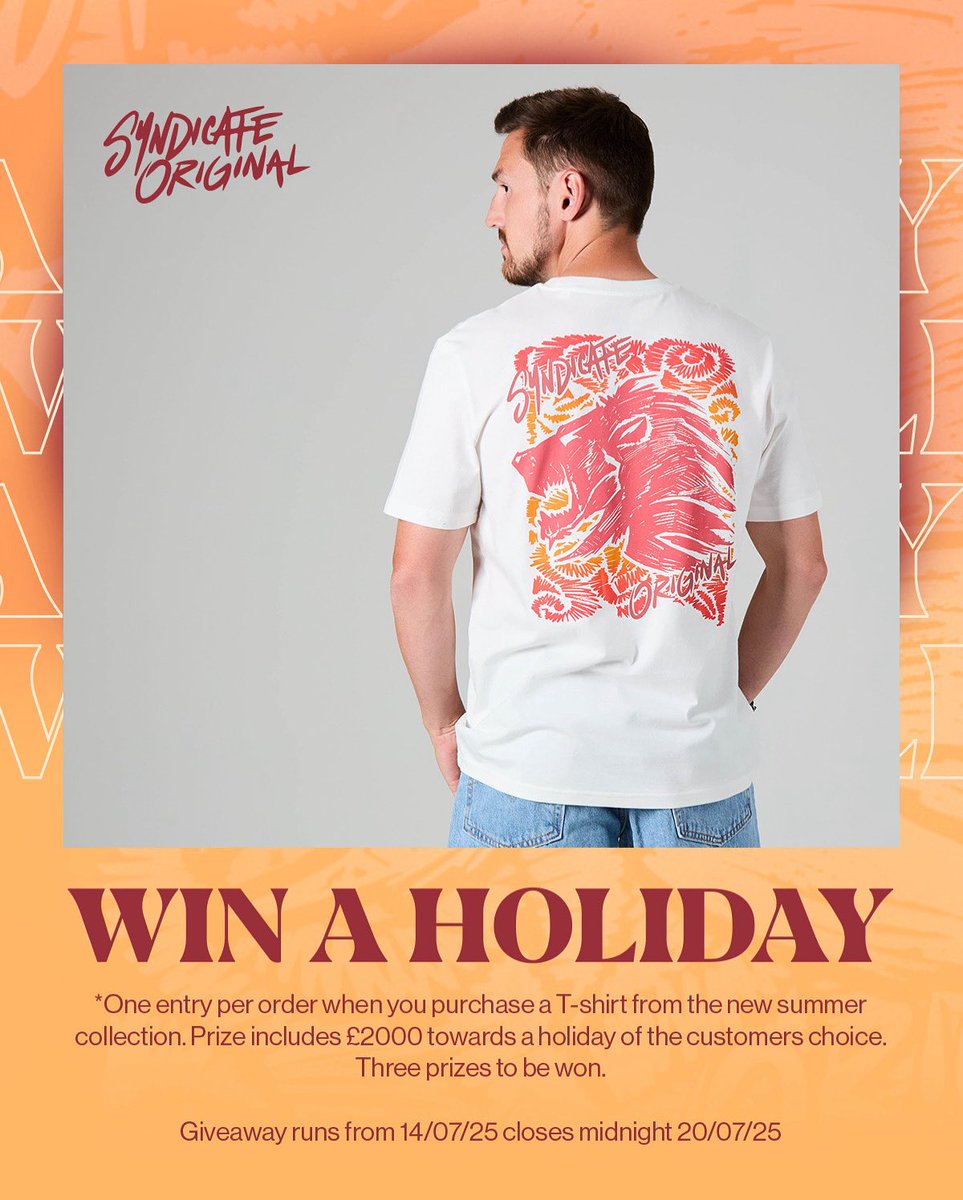 SyndicateOG's tweet photo. The new Summer Vibes collection goes live at 7pm tonight &amp; as always we’ve got a giveaway for you guys! 
We’re giving not 1, not 2 but 3 lucky people the chance to win £2000 towards a holiday of their choice. Full T&amp;Cs can be found via the link below 👇🏻

https://t.co/VIvfWcBzA7 https://t.co/XgmmStyHsh