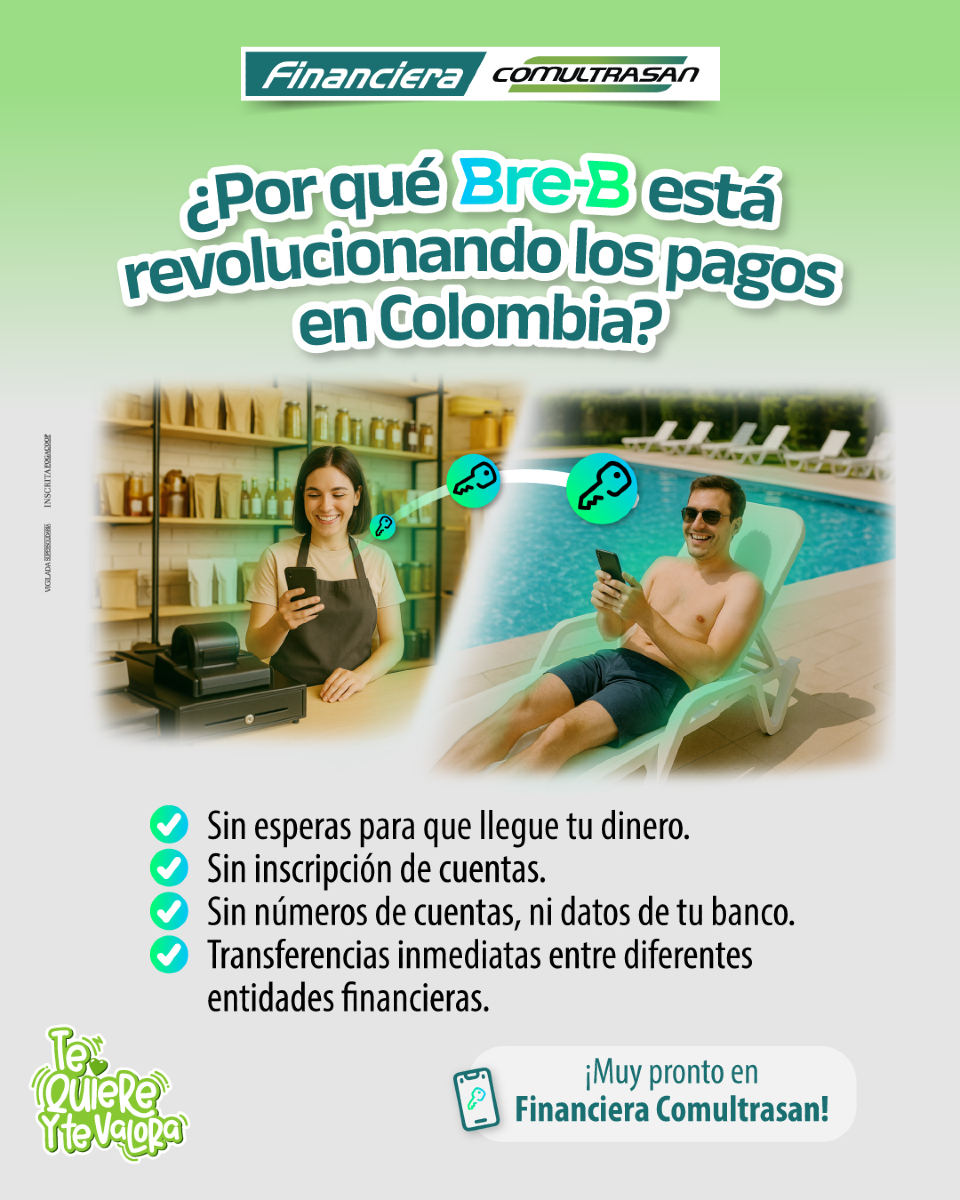 Bre-B llega para transformar la forma en que mueves tu dinero.  Y lo mejor: muy pronto podrás usarlo desde tu cuenta en Financiera Comultrasan 💚
¡Elije tu llave y disfruta de la nueva era de pagos inmediatos!
