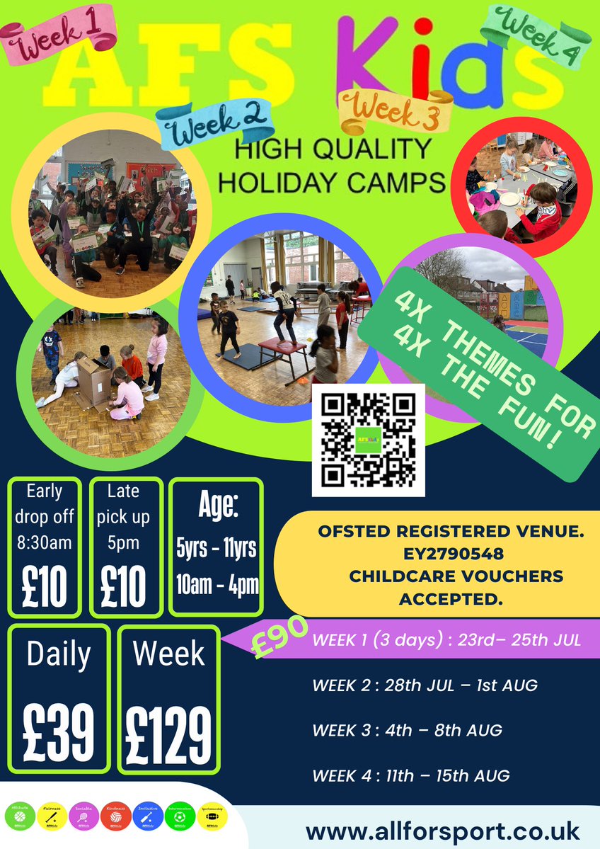 AFSCamps's tweet image. Don’t Miss Out and Book for @AFSCamps this Summer Holidays! BOOK TODAY for camps in Hendon at @SMSJ_London, High Barnet at @FouldsSchool & Edgware at Deansbrook Junior School!⚽️🎾🎨🏅🎉