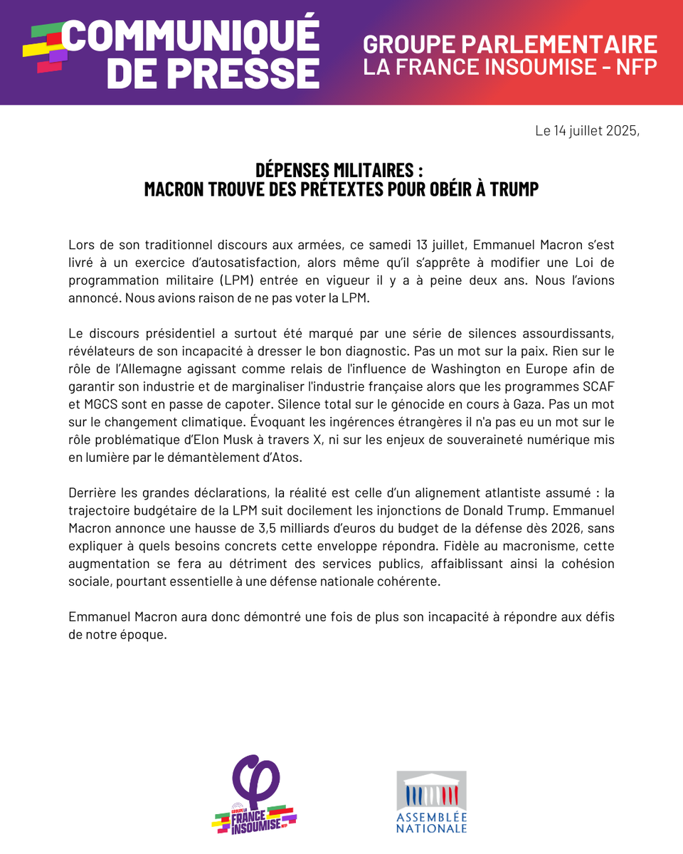 🔴📄 Dépenses militaires : Macron trouve des prétextes pour obéir à Trump.

Le communiqué du groupe LFI-NFP ⤵️