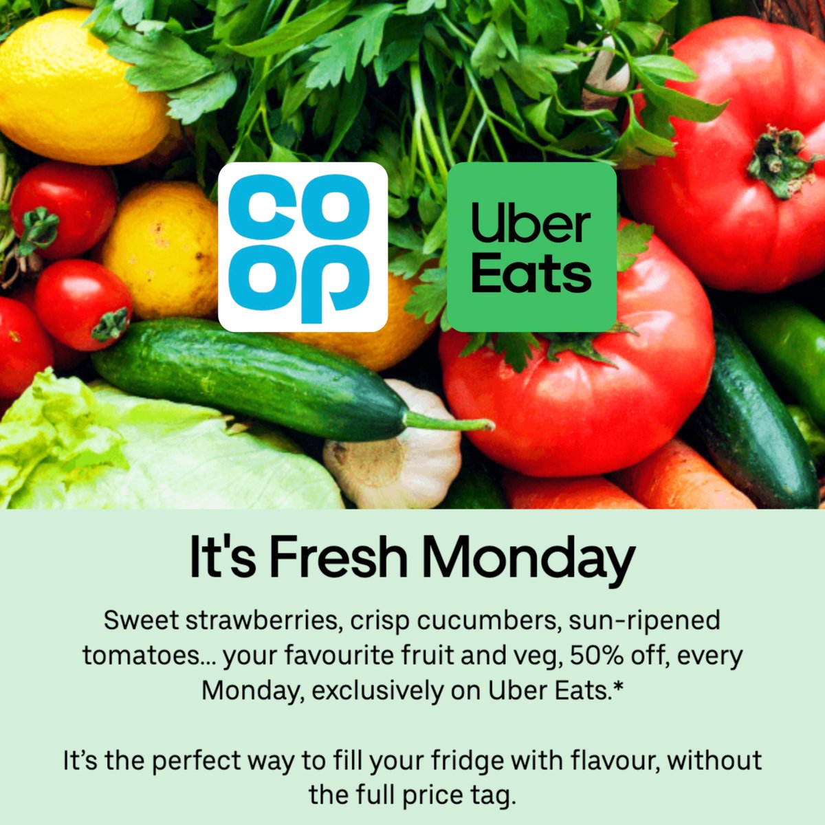 Every Monday, <a href="/coopuk/">Co-op</a> customers can get 50% off selected fresh fruit &amp; veg with an Uber Eats UK order! 🍅 🥕 Order now to get delivery to your door: https://?utm_source=SocialHub&amp;utm_medium=Social&amp;utm_campaign=SocialHub