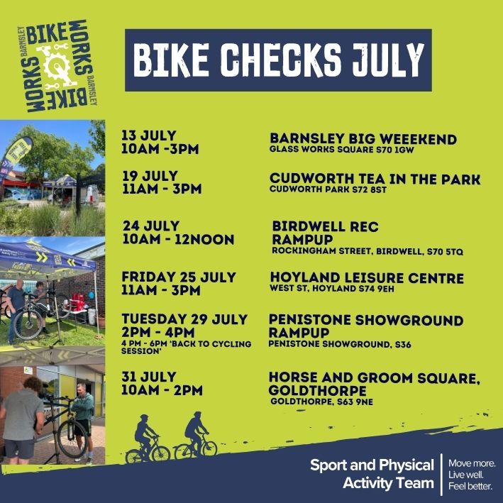 Get a free bike check this July along with tips to keep your bike maintained! Come along to Cudworth Tea in the Park on 19 July for your next chance. <a href="/BarnsleyMoving/">What's Your Move Barnsley</a>