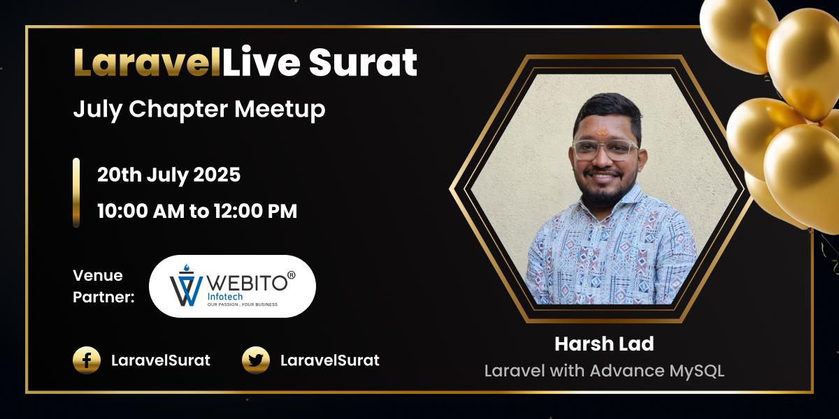 LaravelSurat's tweet image. 🎉 6 Years of LaravelLiveSurat! 🎉
📢Announcing speaker for the #LaravelLiveSurat July-25 Chapter!
@HarshLad2714 will talk on "Laravel With Advance MySQL".
📍Venue: @WebitoAI
🎟️Tickets: bit.ly/LSC-July-25
Let’s celebrate this milestone together!🥳
@LaraconIN @laravelphp