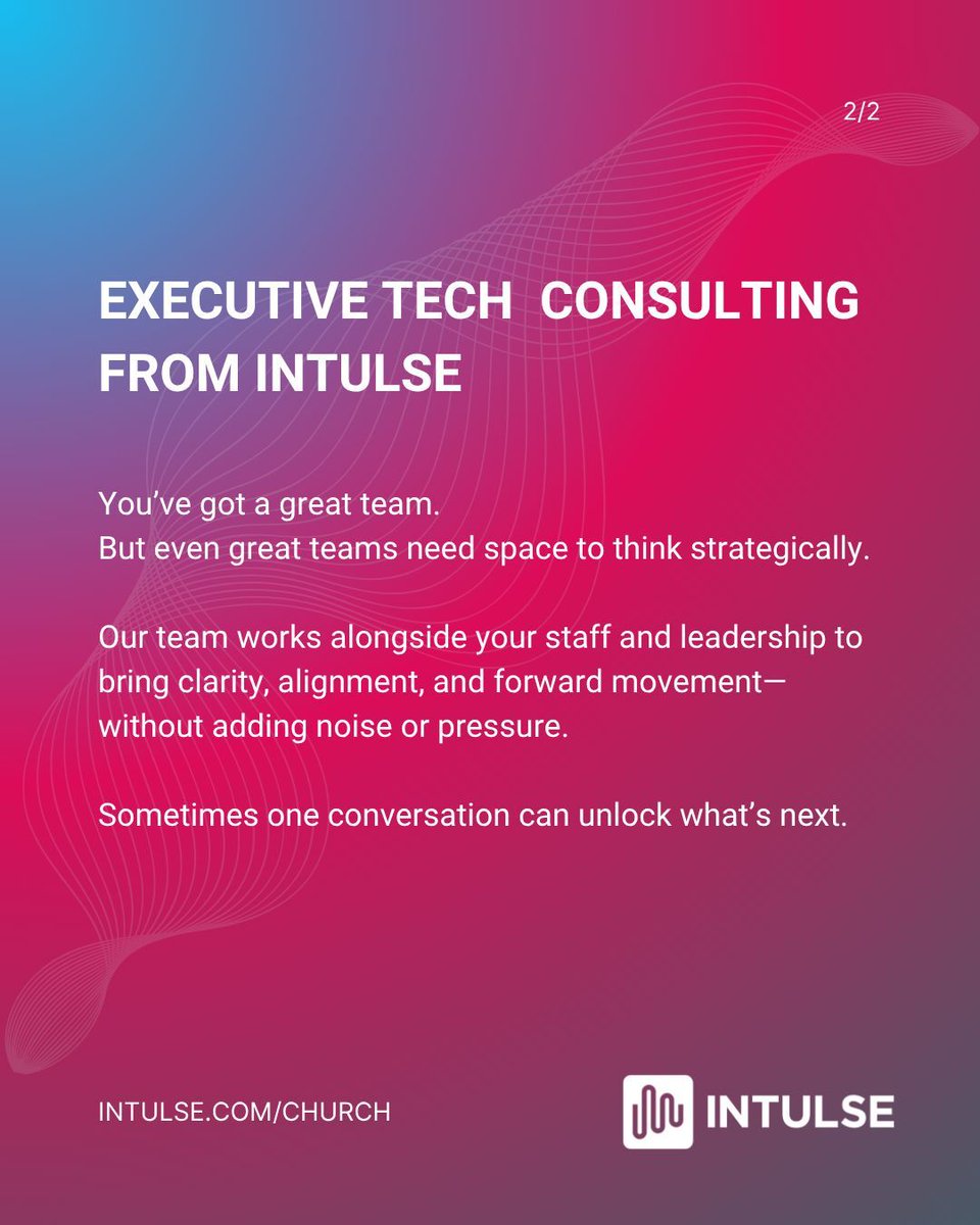 intulse's tweet image. You don’t have to lead alone.

We help untangle culture + tech messes + support your team with clarity + care.

📞 Free call with Christian:
intulse.com/church/executi…

#ChurchTech #Intulse