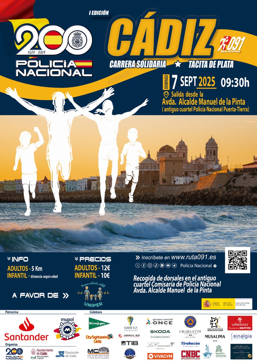 policia's tweet photo. ¿Te gusta correr?🏃‍♀️🏃

¿Y si además pudieras ayudar a otros mientras haces deporte?💙

🙌Tenemos el plan perfecto⬇️

¡La #Ruta091 llega a #Cádiz el 7 de septiembre !

Pequeños y mayores tendrán oportunidad de participar y colaborar con @Uniper_asoc23 

No faltes👇
https://t.co/mx94VBUWM5

@polimupol 
@santander_es
