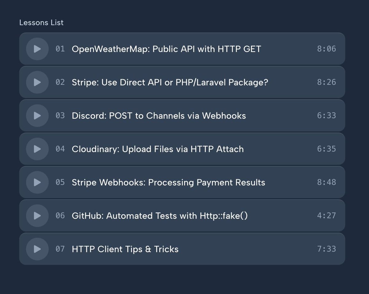 NEW COURSE on Laravel Daily!

Laravel HTTP Client and 3rd-Party APIs
laraveldaily.com/course/laravel… 

We often need to integrate external APIs.
Not all of them have Laravel/PHP package.
So, you must learn HTTP client features.

- 50-minute course
- 7 video+text lessons
- Repos included