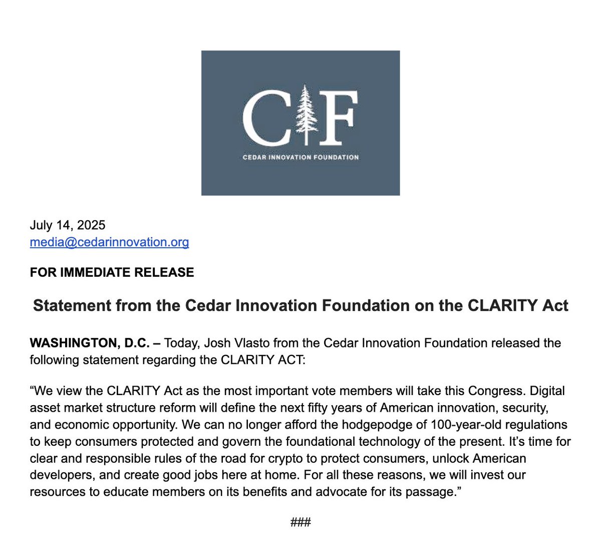 CIF statement on the CLARITY Act: