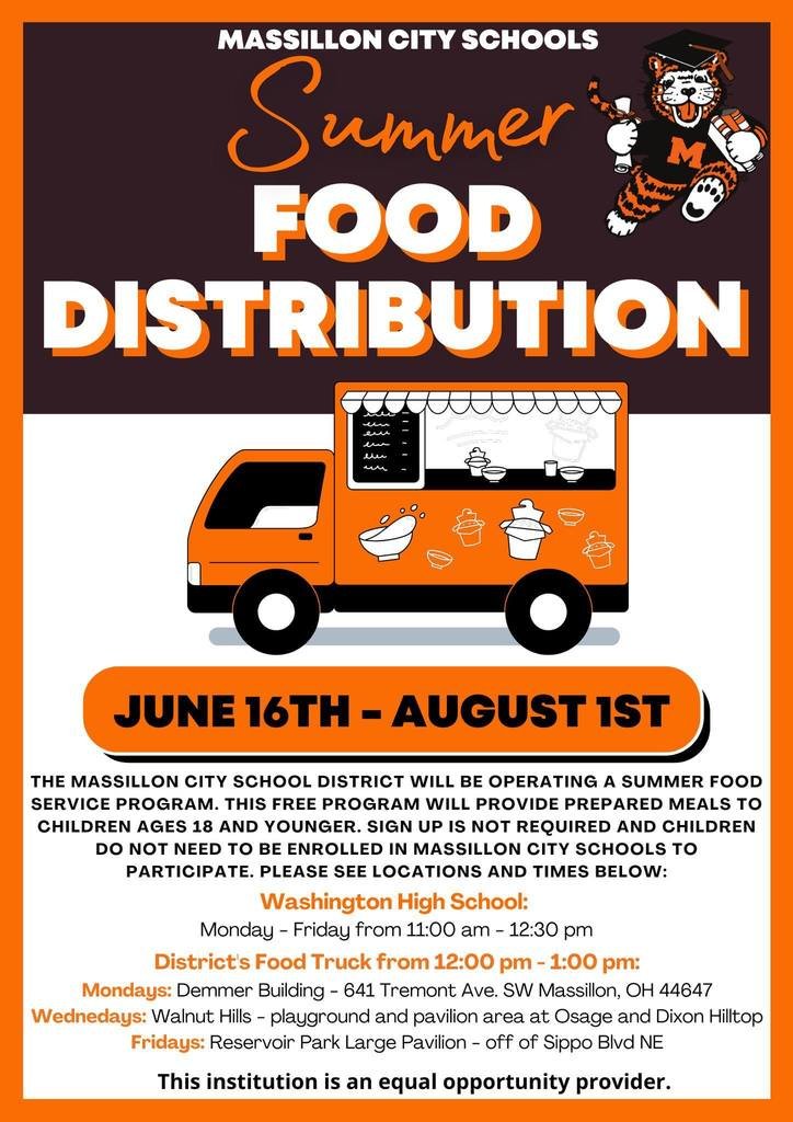 Reminder: The Massillon City School District will be serving free meals for kids 18 and younger all summer long!☀️

No sign up required. Check below for locations and times.