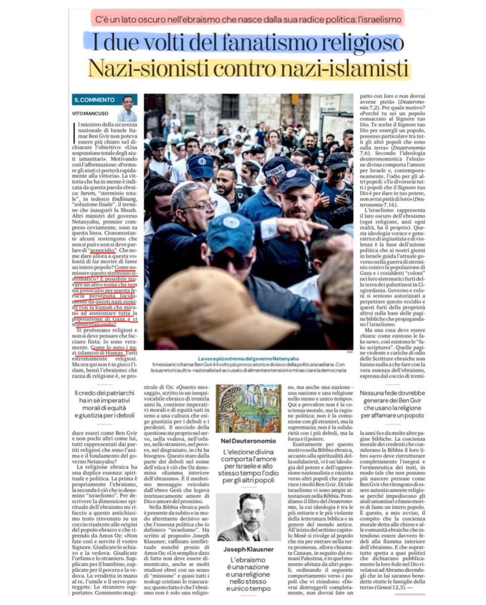 a_r_t_66's tweet image. Possiamo dichiarare il prof Vito Mancuso, teologo , docente di Meditazione e Neuroscienze,
Membro Onorario del Sinedrio.
SPQR
Per questa persona tutti gli israeliani sono con la kippa e sono dei nazi-sionisti.