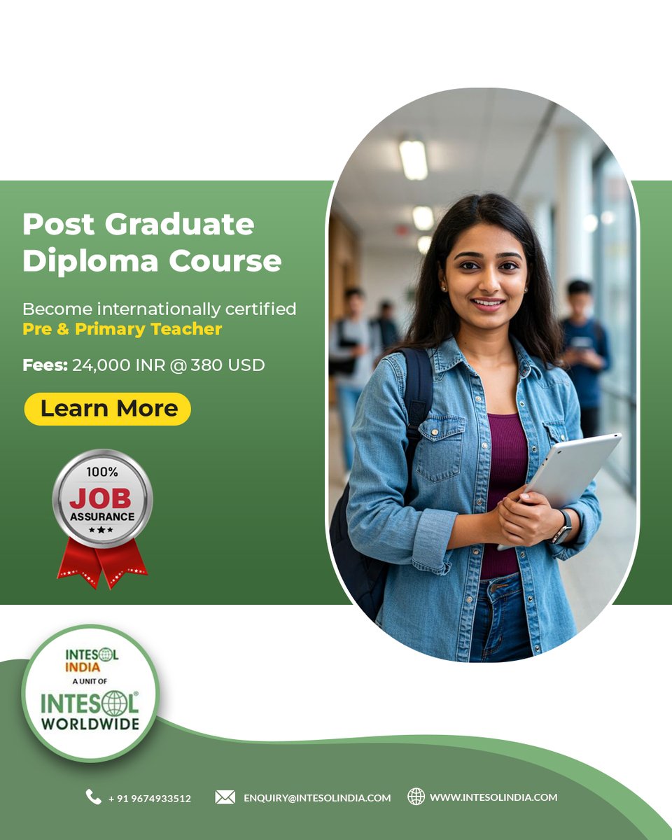 Our Post Graduate Diploma certifies you as an internationally recognized Pre &amp; Primary Teacher. Gain advanced skills and secure your future with 100% Job Assurance. 

🌐 intesolindia.com

#postgraduatediploma #primaryteacher #teacherjobs #teachertraining #intesoindia