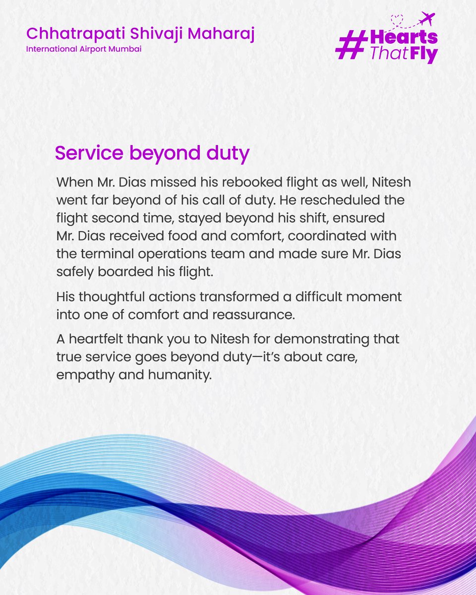 CSMIA_Official's tweet image. When passengers Mr. Dias missed his flight, Security Supervisor Mr. Nitesh Vaishya at #MumbaiAirport stepped in with empathy, calm, and quiet resolve.
From reconnecting the passenger with his family to staying beyond duty hours to ensure he reboarded safely, his actions are a…