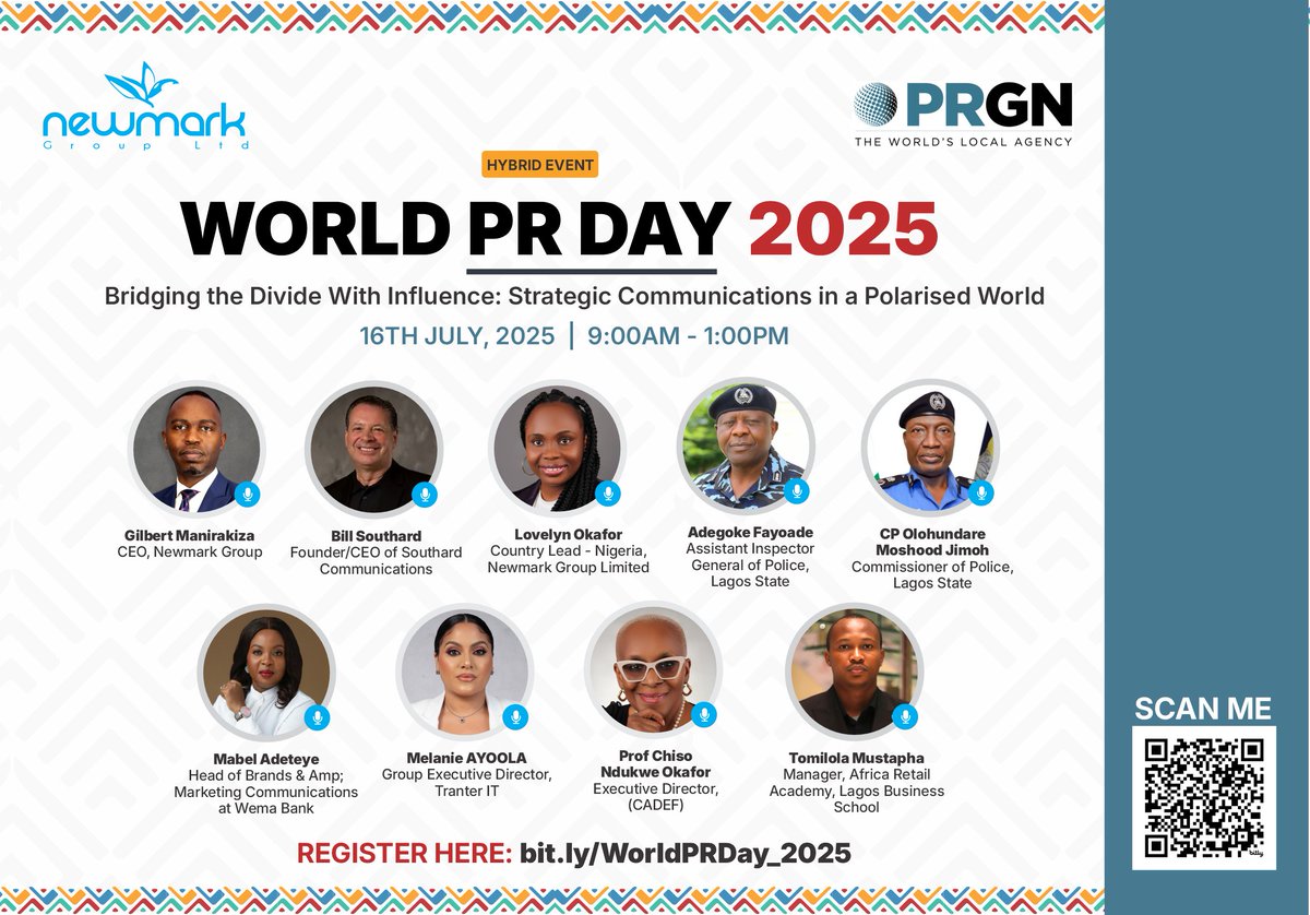 The voices redefining influence.
This #WPRD2025, @TheNewmarkGroup &amp; <a href="/PRGN/">PR Global Network</a>  bring together global speakers who build trust, move markets &amp; spark change.
🗓️ July 16 | 🕘 9AM WAT | 
Register now: bit.ly/4lJByjD 
#InfluenceImpactInspire