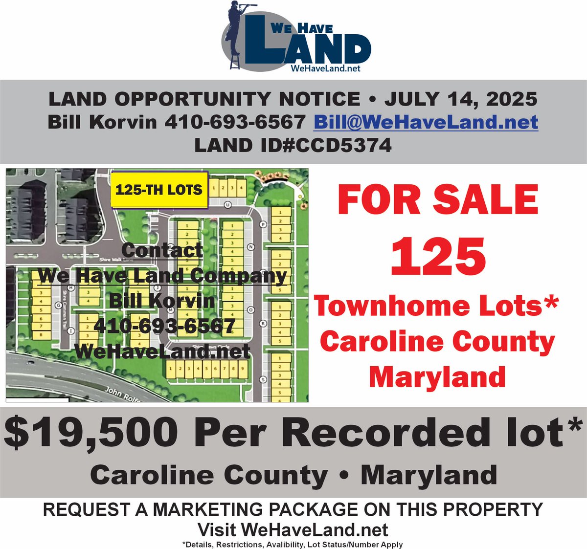 Check-out this Land Opportunity. 125-Townhome Lots in Caroline County Maryland. Contact us or visit WeHaveLand.net