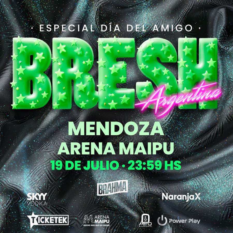 Ticketek Argentina (@ticketekar) on Twitter photo ✨La fiesta Bresh regresa a #Mendoza en una noche especial, festejando el día del amigo.
🗓️ Sábado 19 de Julio, 23Hs
📍 <a href="/ArenaMaipu/">Arena Maipú</a>
🎫Comprá tus #Etickets en bit.ly/44YRpFs ✨La fiesta Bresh regresa a #Mendoza en una noche especial, festejando el día del amigo.
🗓️ Sábado 19 de Julio, 23Hs
📍 <a href="/ArenaMaipu/">Arena Maipú</a>
🎫Comprá tus #Etickets en bit.ly/44YRpFs